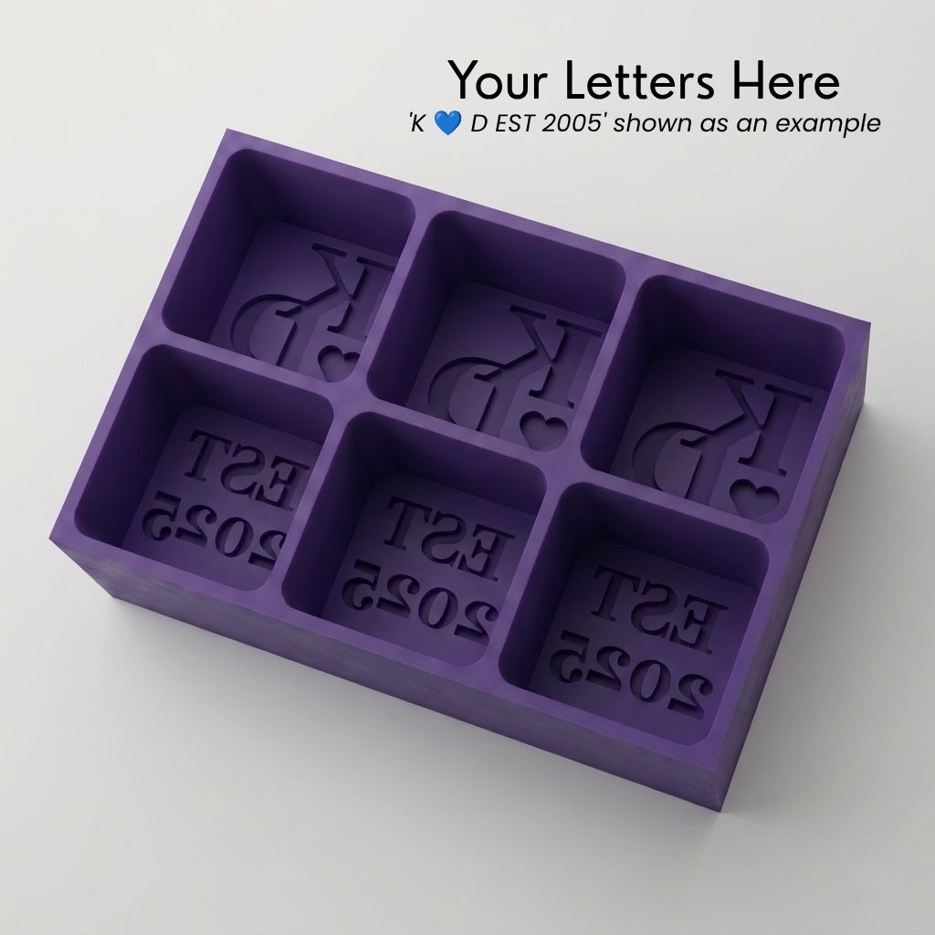 Purple monogrammed silicone ice cube tray, personalised with custom initials, a love heart and EST year