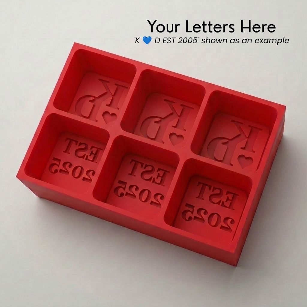 Red monogrammed silicone ice cube tray, personalised with custom initials, a love heart and EST year