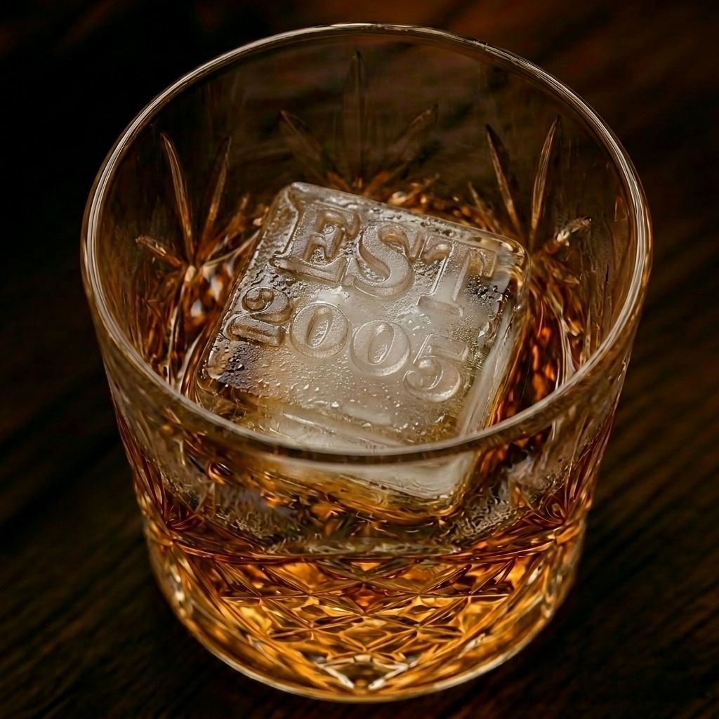 Personalised monogrammed ice cube featuring embossed initials in a glass of whiskey