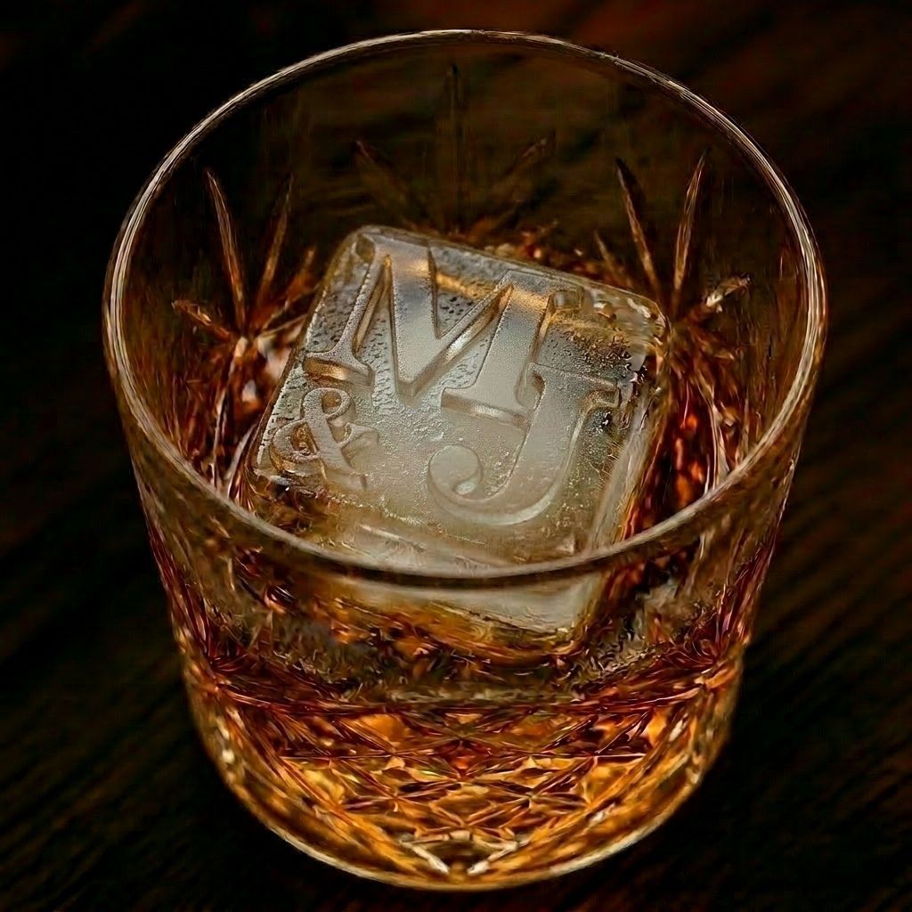 Custom monogrammed ice cube in a whiskey glass showing crisp embossed initials