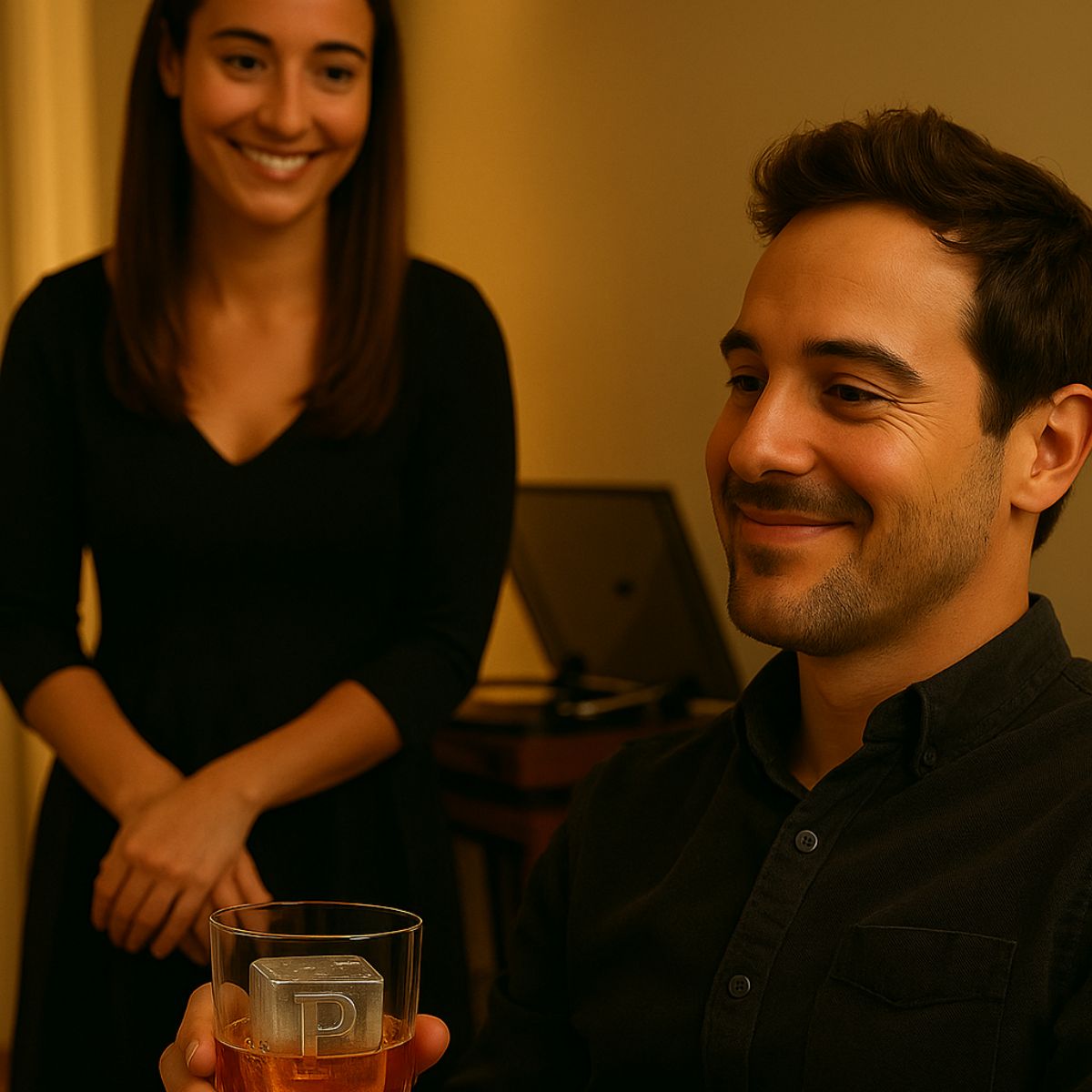 Smiling man holding a personalised drink with custom ‘P’ ice cube while his partner looks on – a thoughtful and memorable present for him