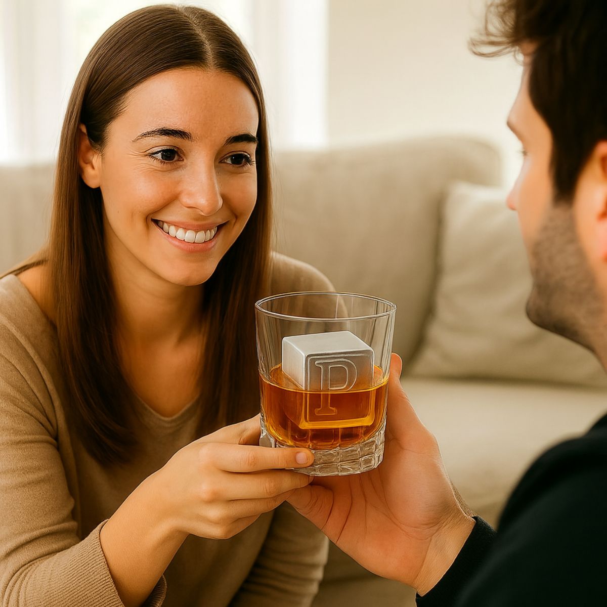 Woman giving her partner a personalised whiskey glass with a ‘P’ monogram ice cube – a heartwarming and unique gift for him