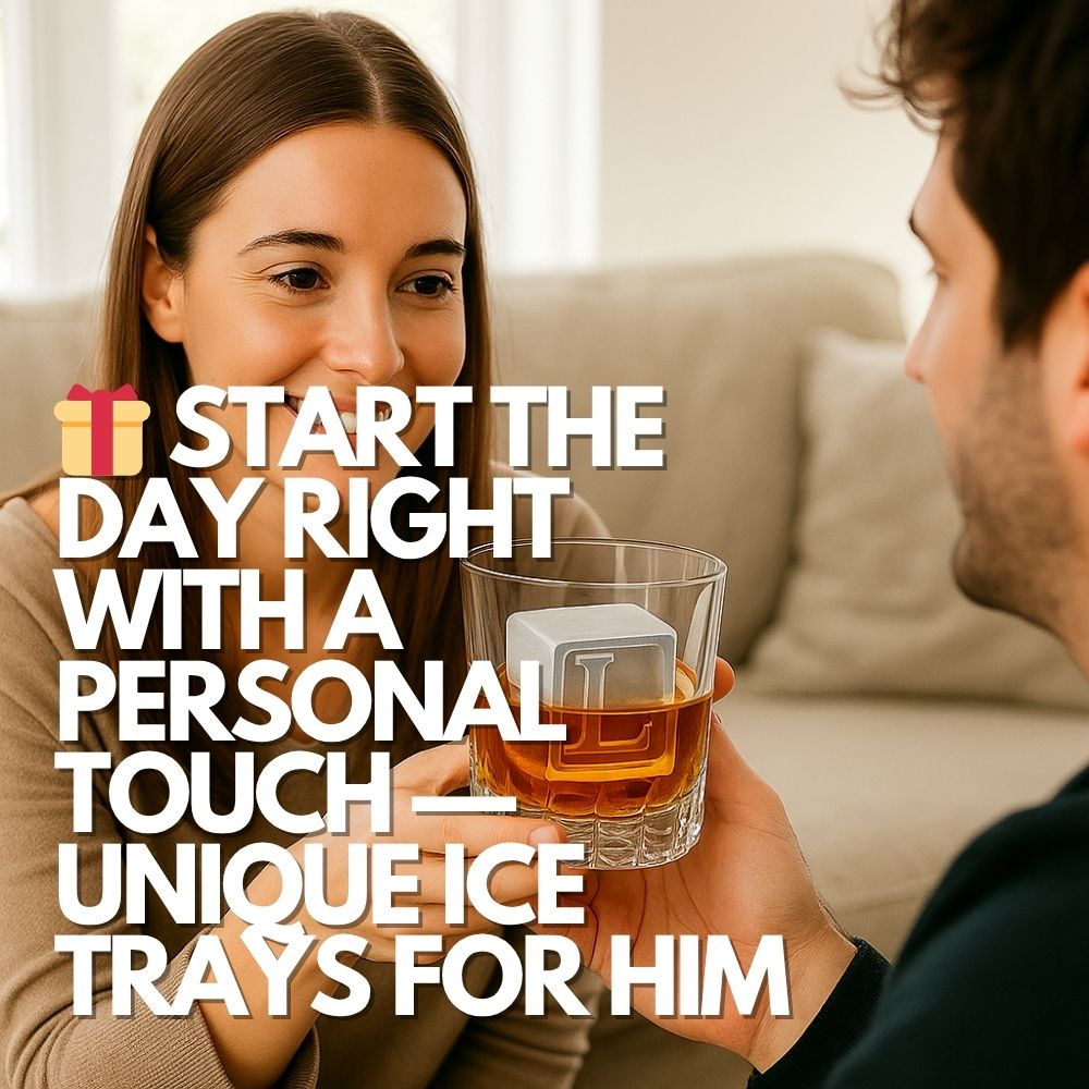 A smiling woman hands her boyfriend a whiskey glass with a custom ‘L’ ice cube inside, enjoying a sentimental moment together in a sunlit living room — a meaningful, personalised gift under $50.