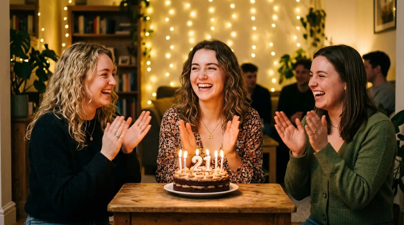 Young woman celebrating her 21st birthday with friends and a candlelit cake at home