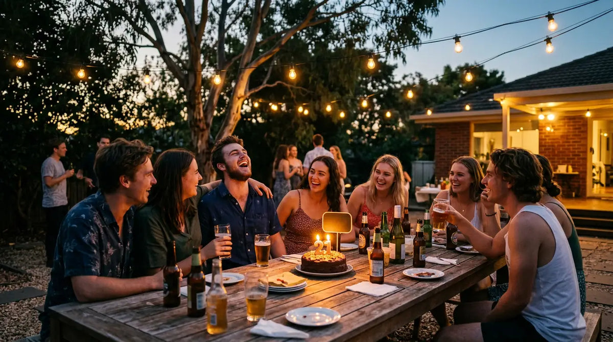 21st birthday gift ideas for him Australia: friends celebrating a 21st in a backyard at dusk