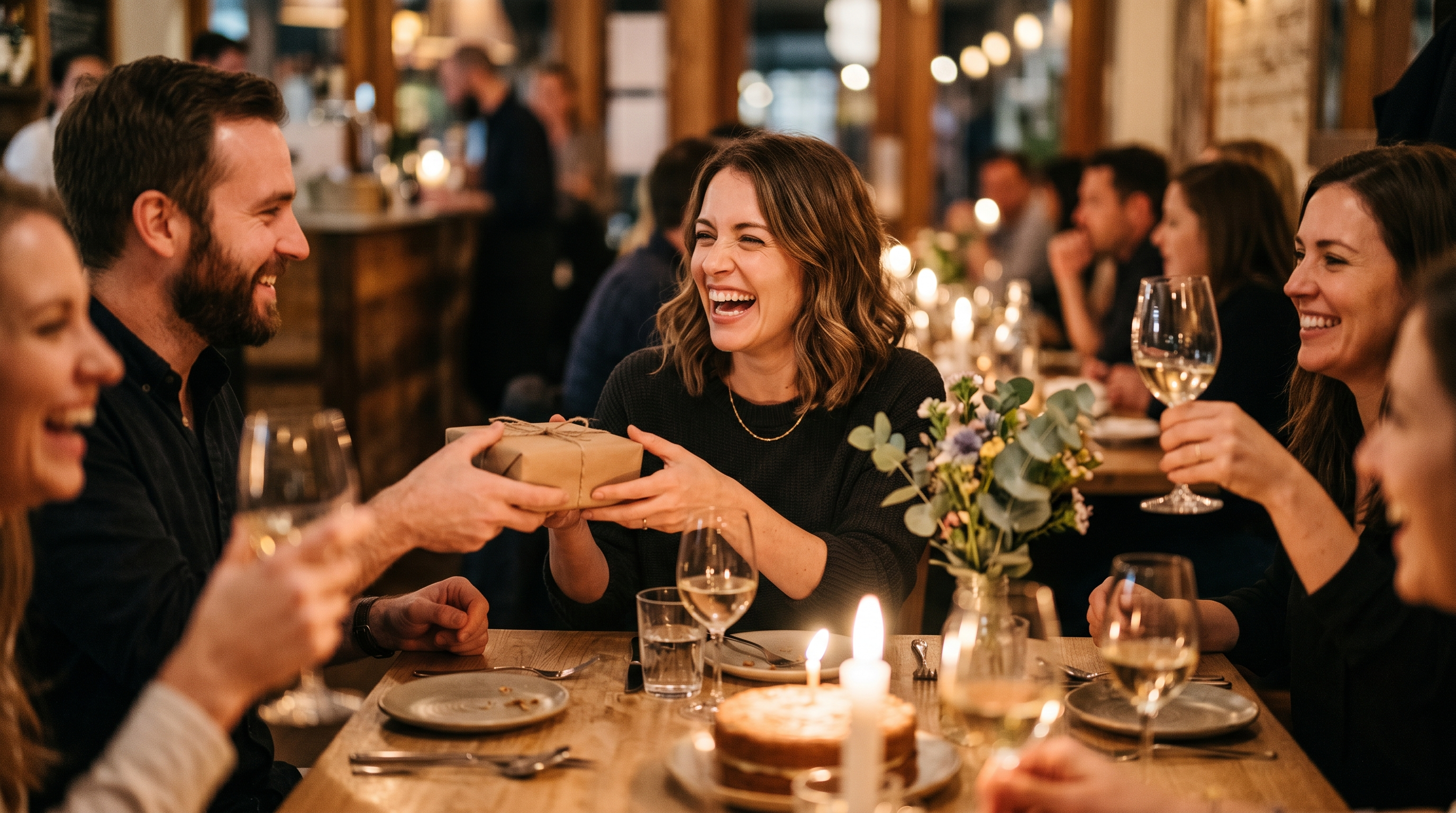 30th birthday gift ideas for her: woman opening a gift at a celebration dinner