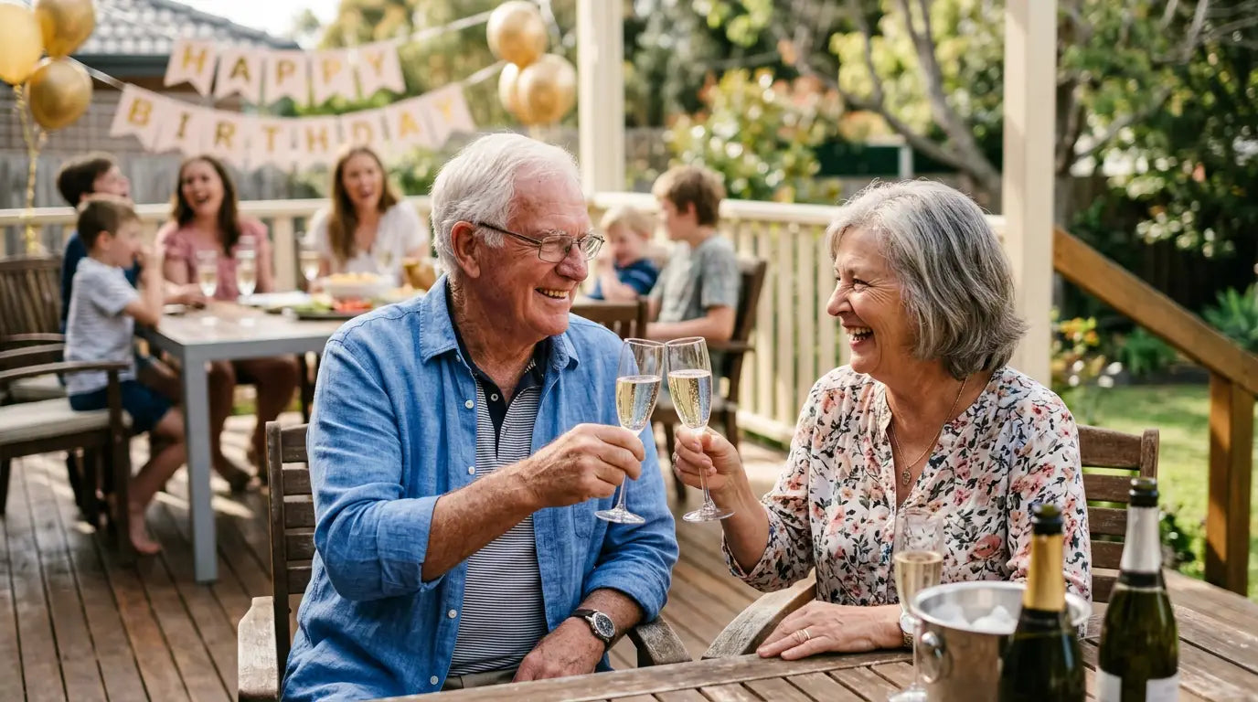 Elderly couple toasting champagne at a backyard 50th wedding anniversary celebration in Australia