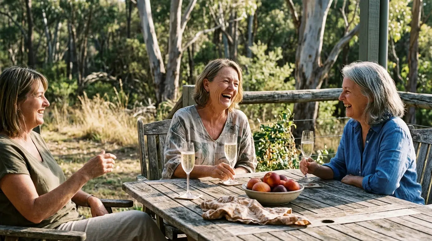 60th birthday gifts for her: an Australian woman celebrating turning 60 with friends on a sunlit verandah