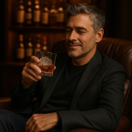 Stylish middle-aged man relaxing in a leather chair with a whiskey glass – ideal visual for 50th birthday gifts for men blog