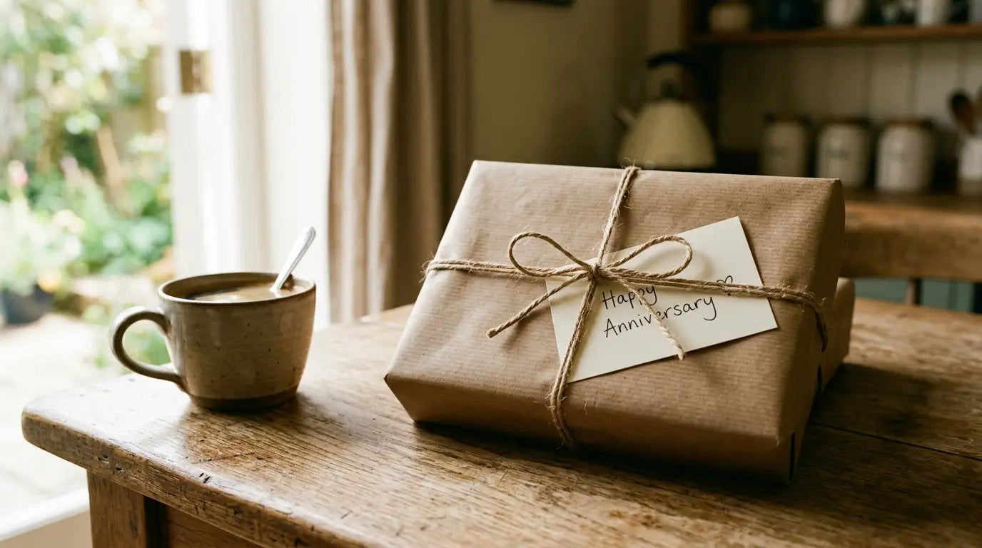 Wrapped anniversary gift for him in brown paper and twine with a handwritten card