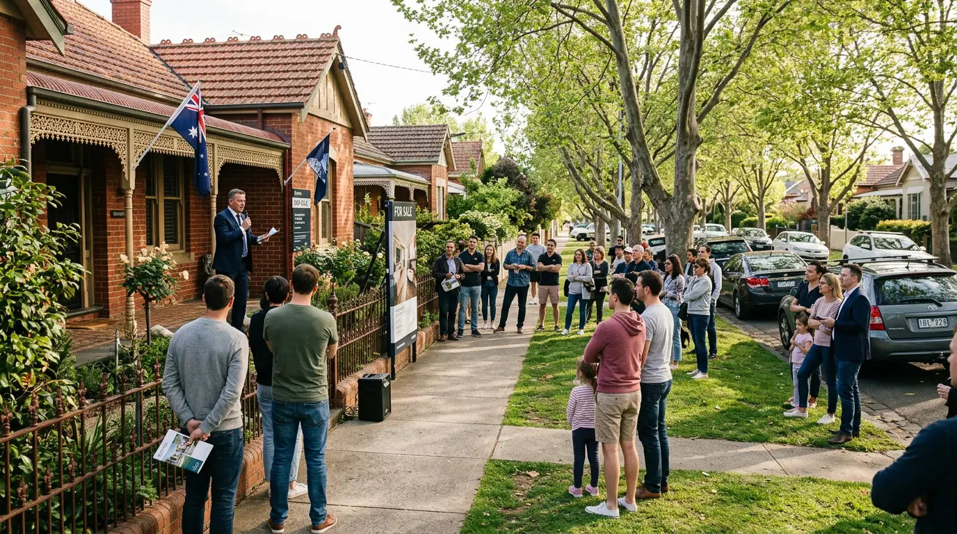 Crowd gathered on the footpath for a residential property auction outside a suburban Australian home