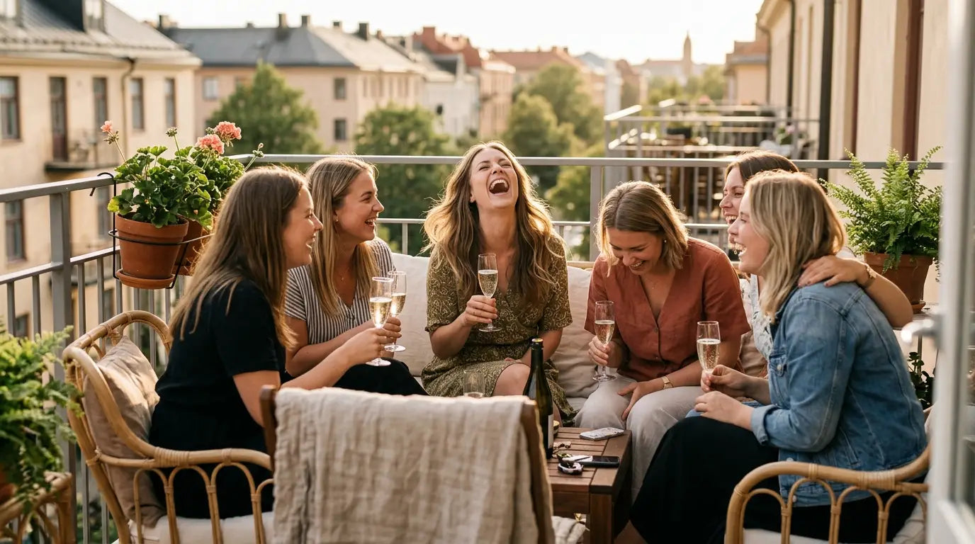 Friends celebrating a bachelorette party weekend together on a sunny balcony with drinks