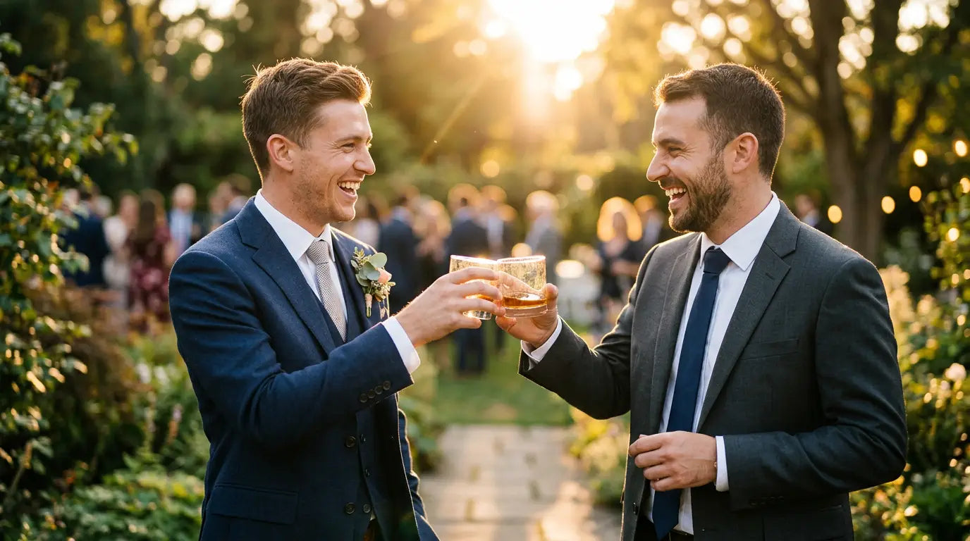 Groom and best man clinking whiskey glasses outdoors at golden hour
