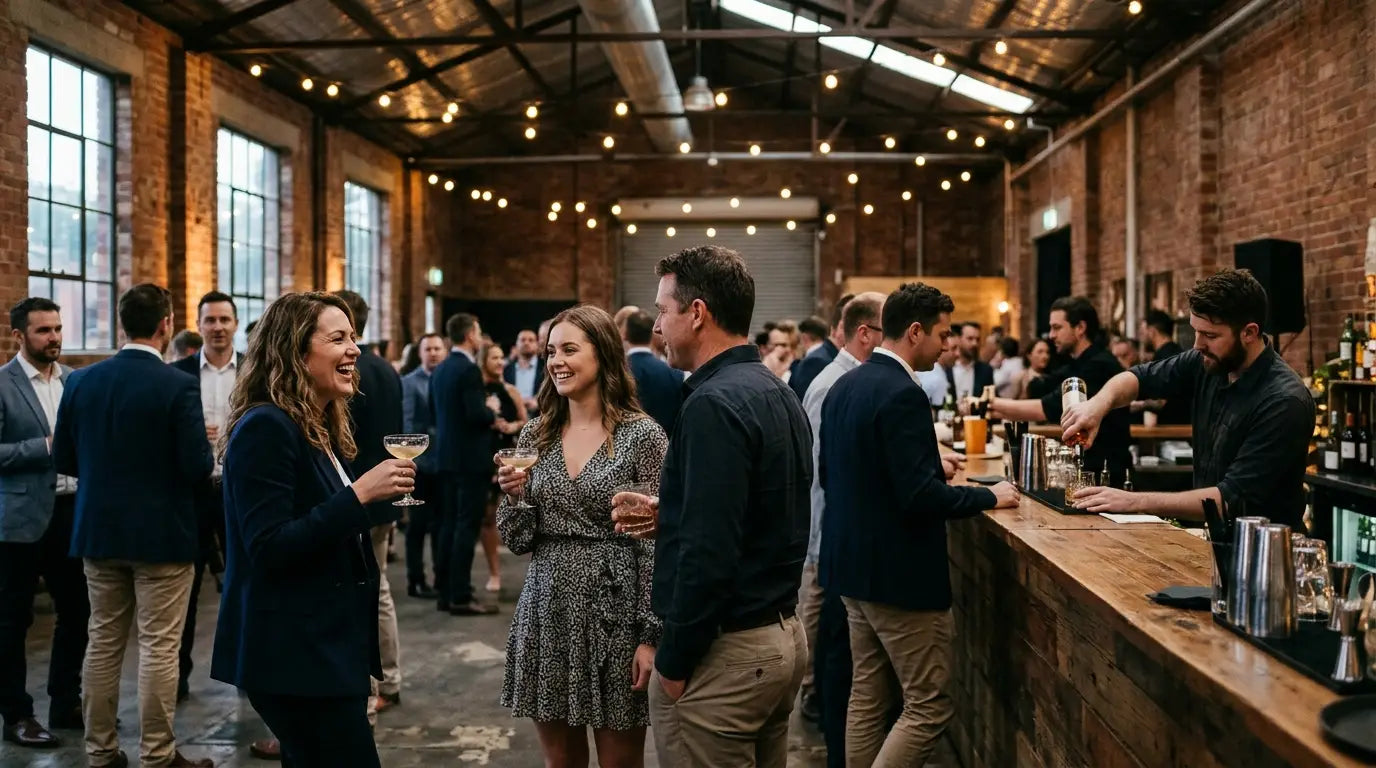 Branded ice for corporate events: guests at an Australian end-of-year function holding drinks at a warehouse venue bar