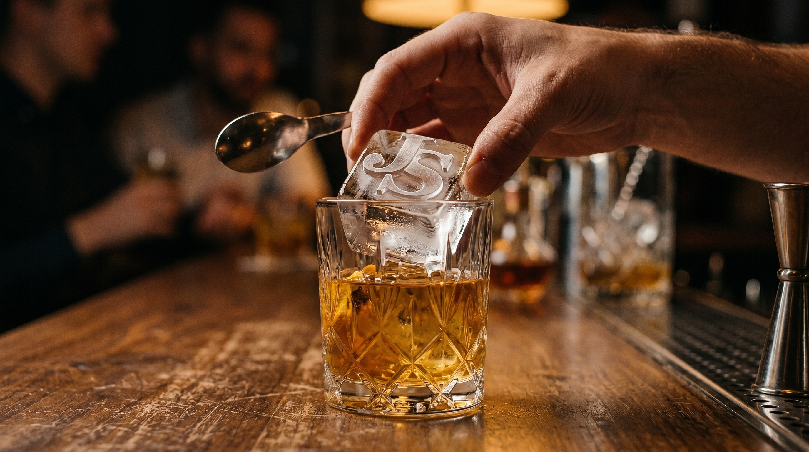 Branded custom logo ice cube being lowered into a whisky cocktail at a bar