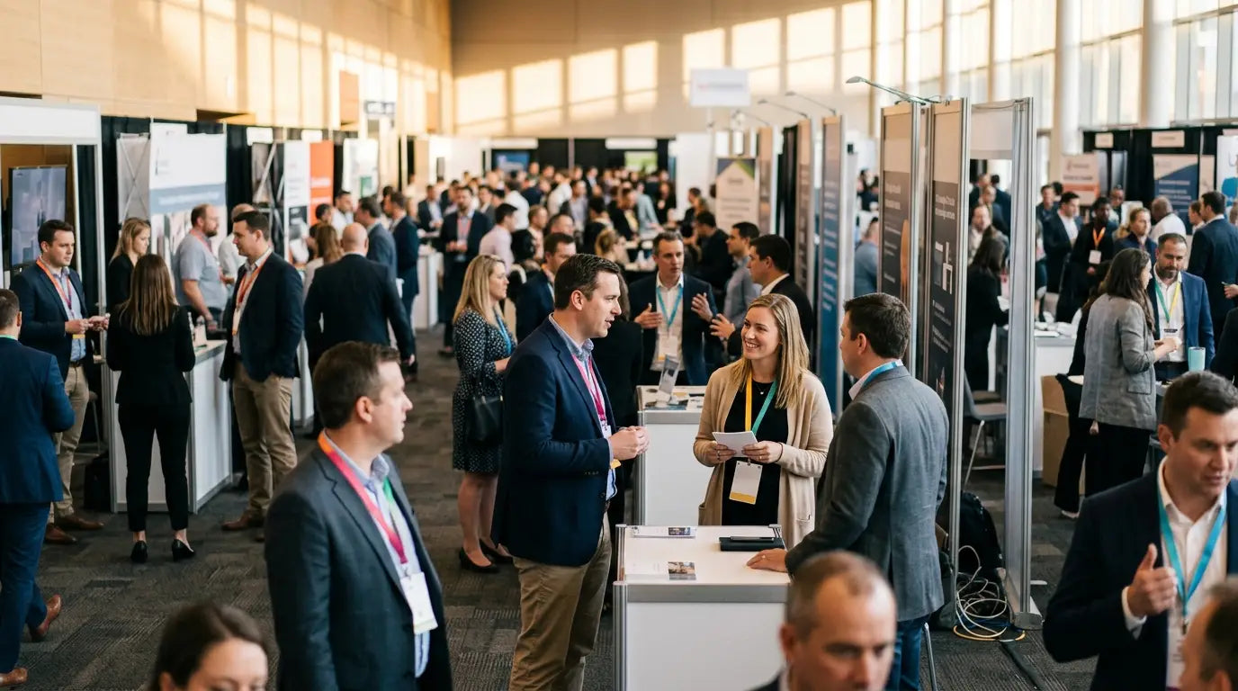 Business professionals networking at a busy trade show and expo hall, where branded promotional products are handed out