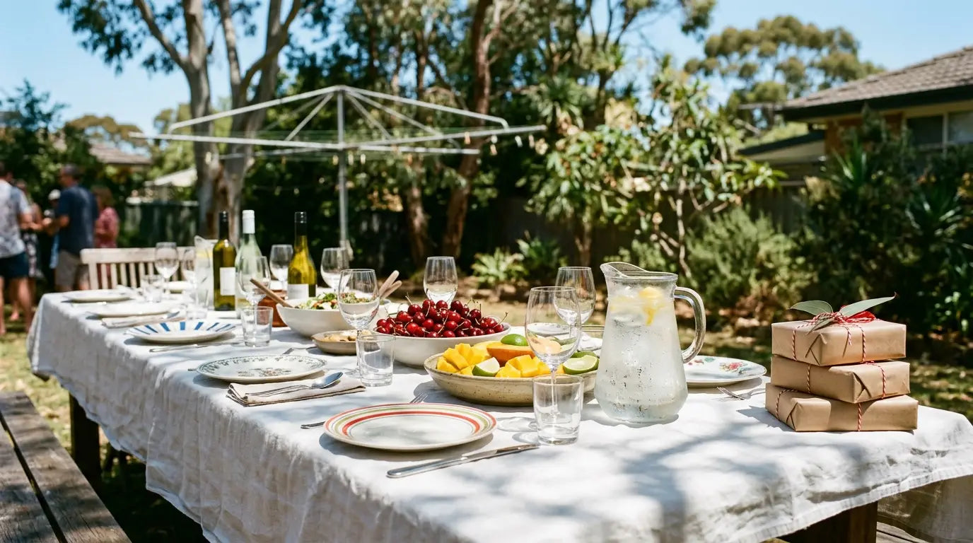 Christmas gifts for her Australia - a summer backyard Christmas lunch table with wrapped gifts and iced water