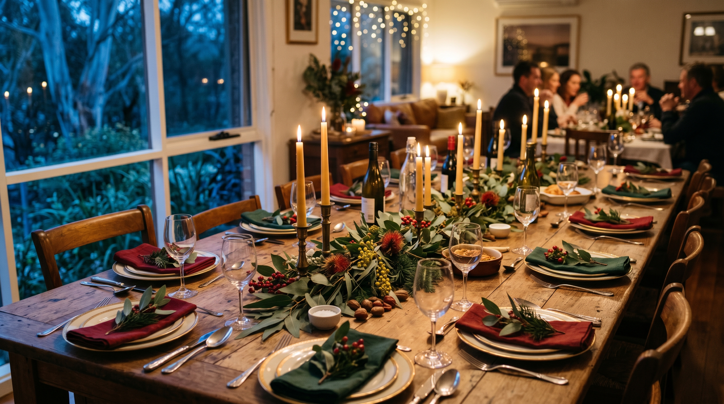 Christmas in July table setting in an Australian home with candles, eucalyptus and festive winter decor