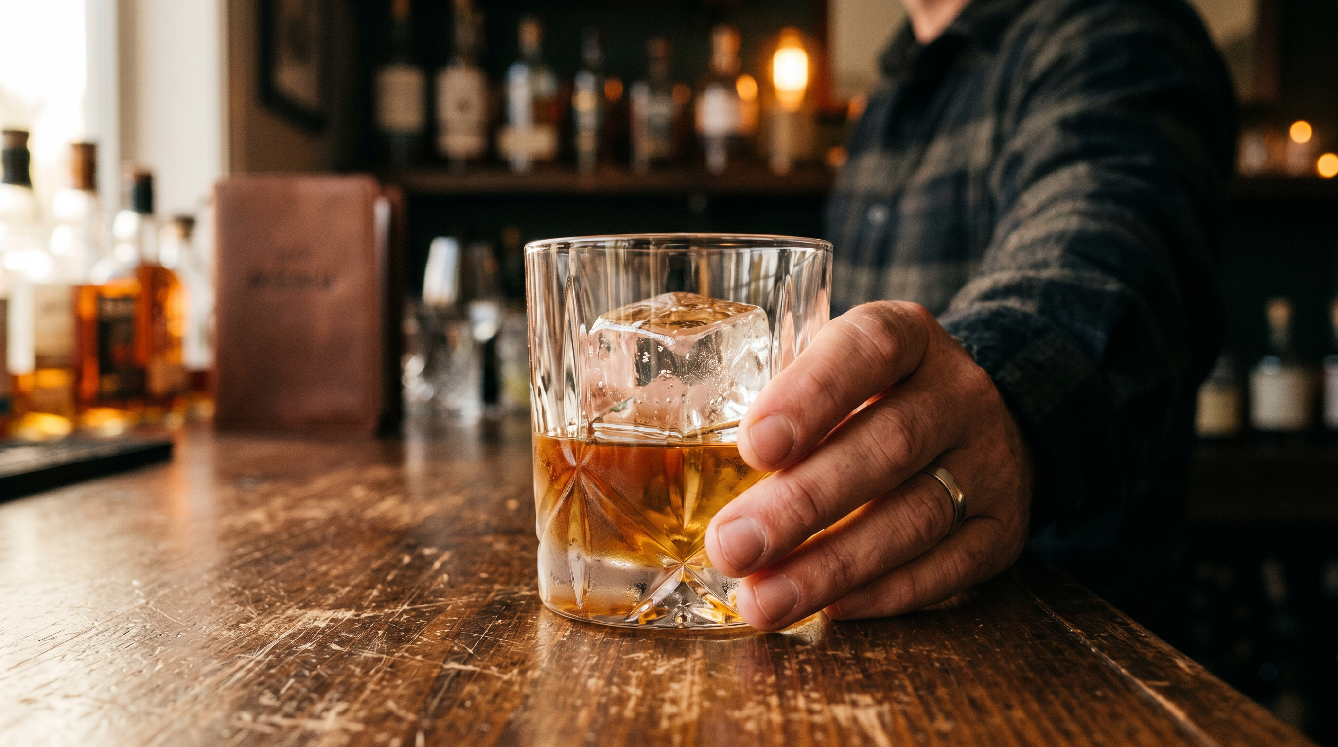 Large crystal-clear ice cube in a glass of amber whisky on a warm timber home bar