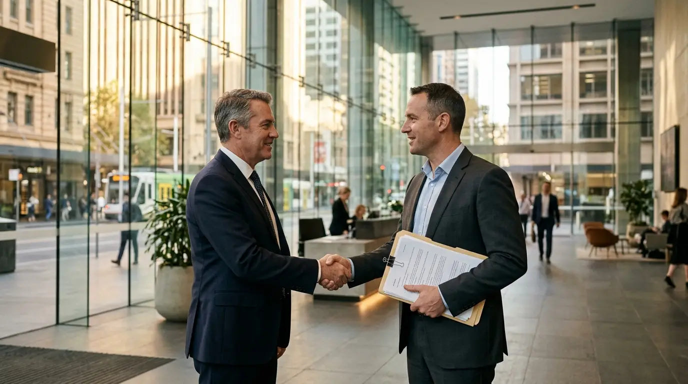 Commercial real estate client gifts: agent and corporate client shaking hands in an office building lobby after a deal