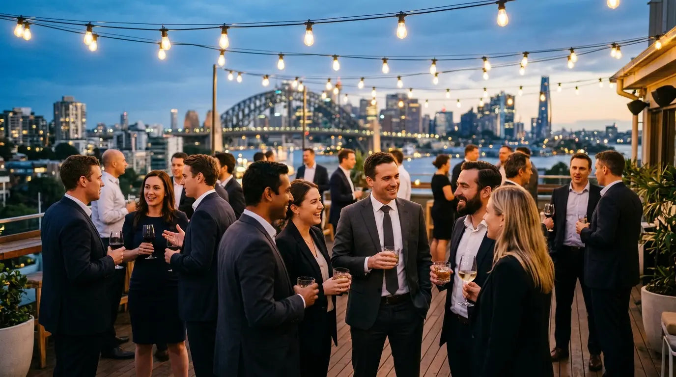 Staff Christmas gifts Australia: corporate rooftop end-of-year function with staff holding drinks at dusk