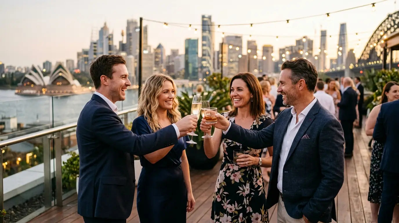 Professionals raising glasses at an end-of-year corporate client Christmas function on a summer rooftop