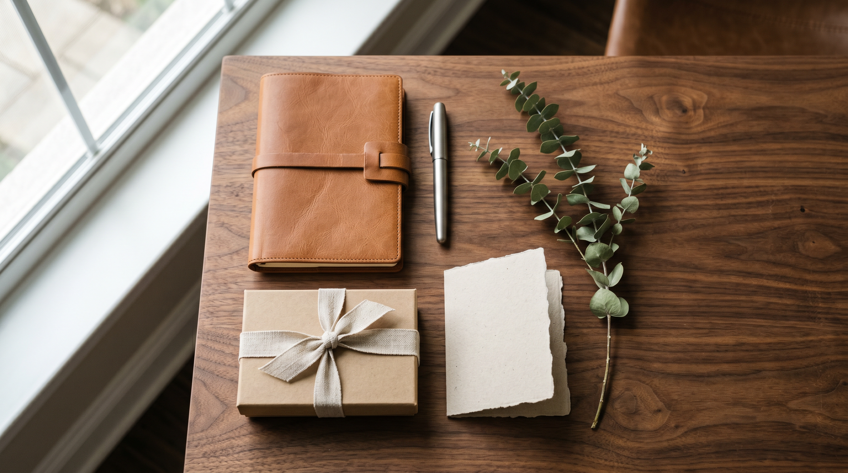 Premium corporate client gifts flat lay on a desk — Australia client gift ideas
