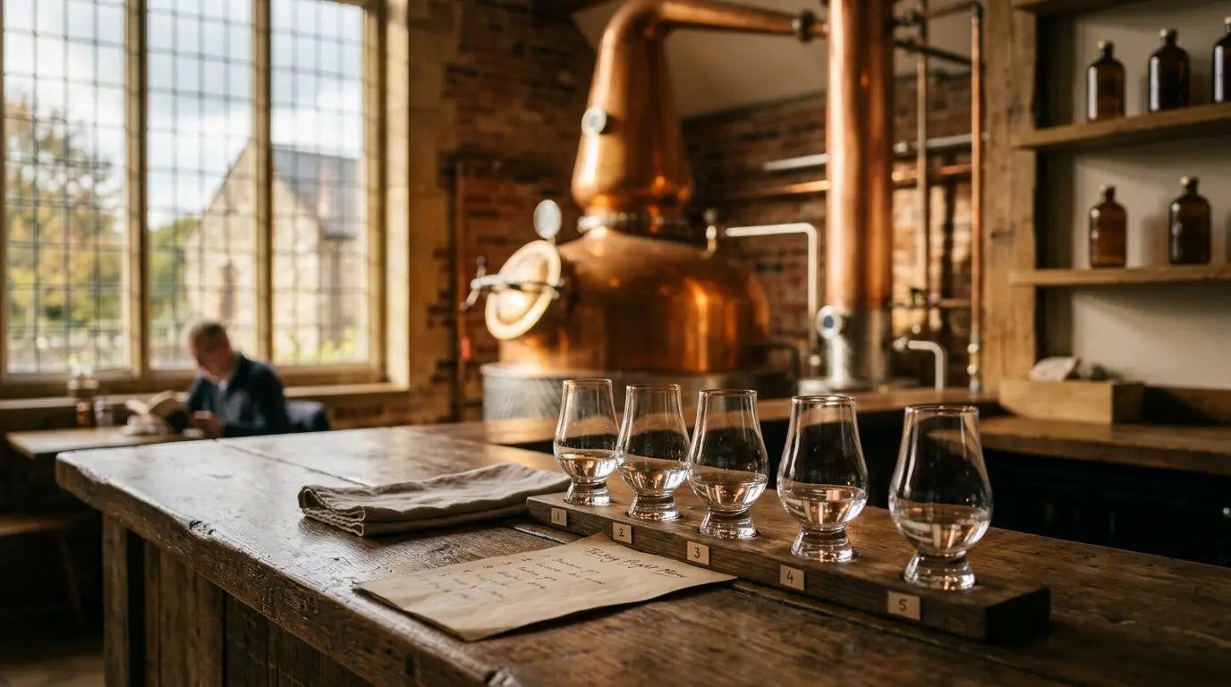 Distillery tasting room in service with tasting glasses on a timber bar and a copper still behind