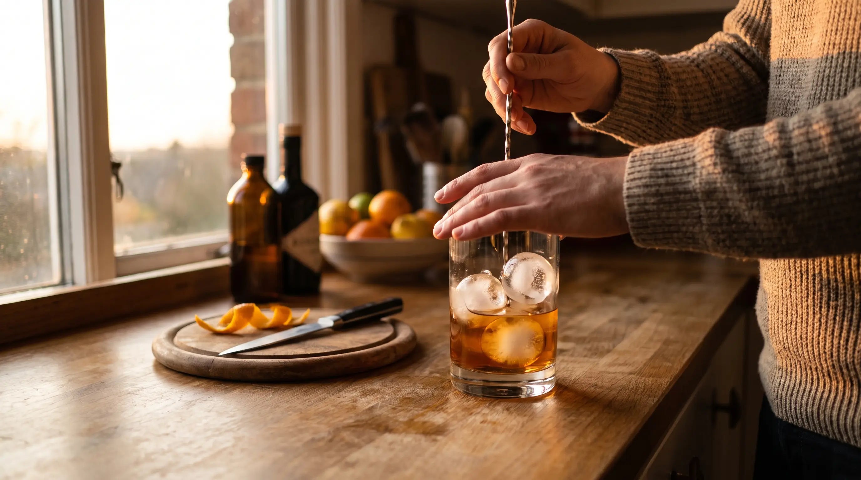 Hands building a simple cocktail in a rocks glass in a warm home kitchen