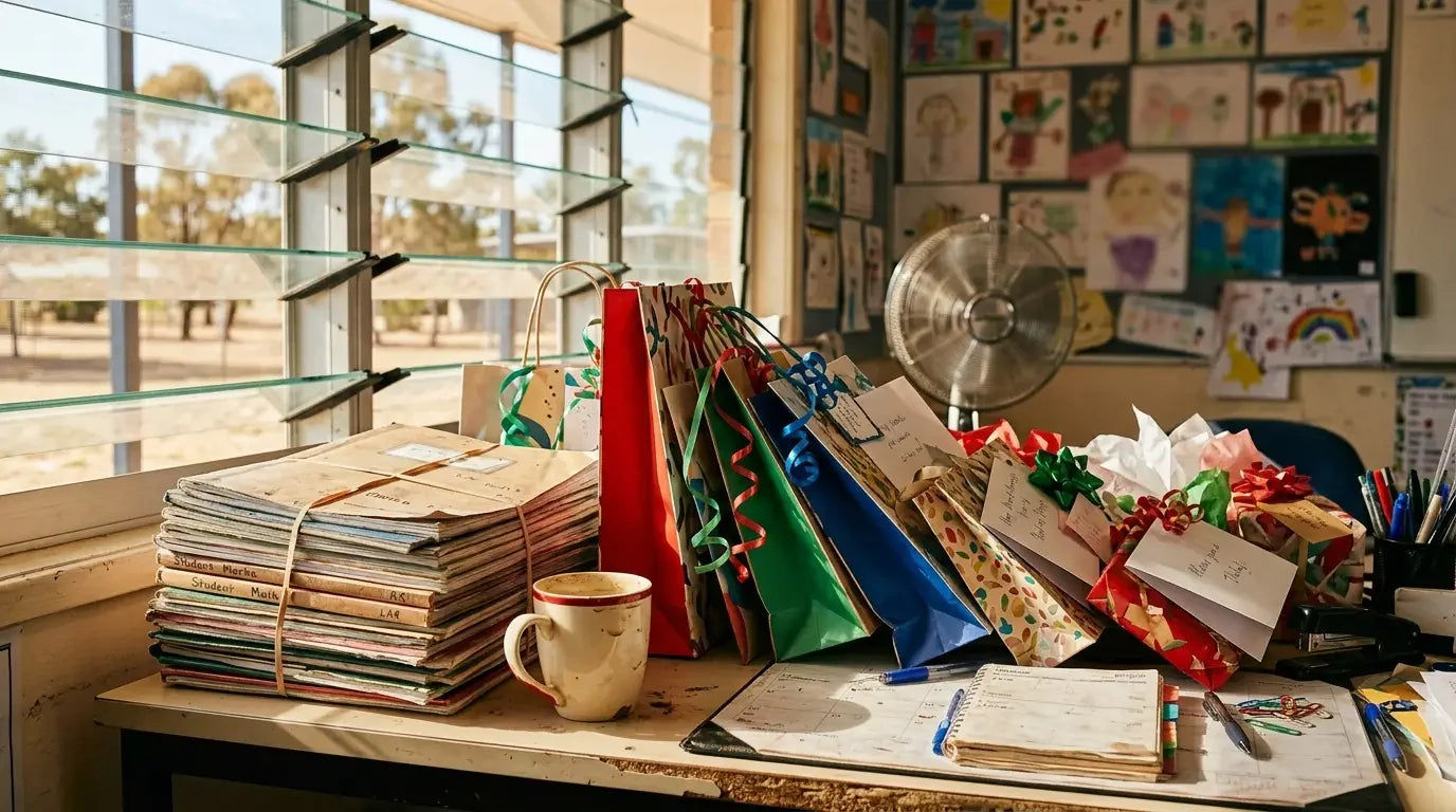 End of year teacher gifts in Australia piled on a primary school teacher's desk in December