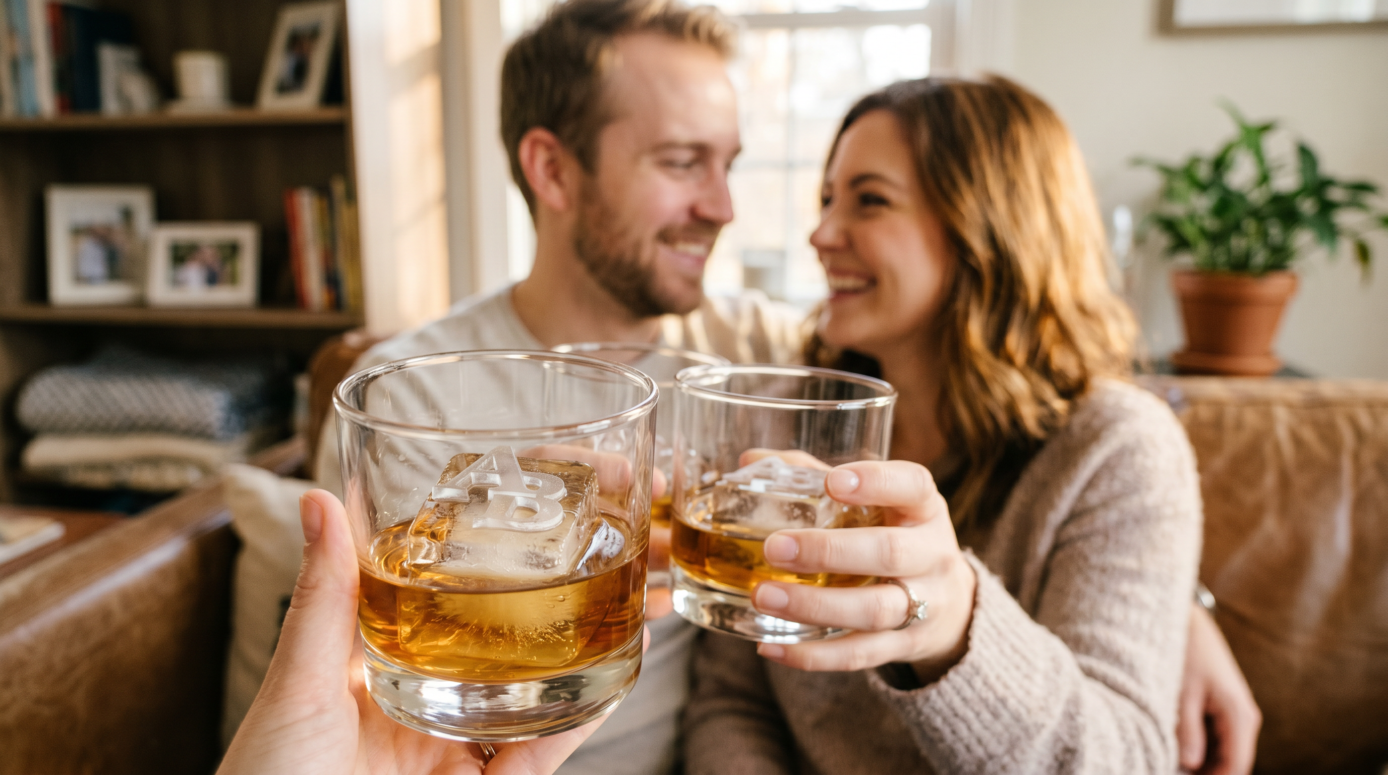 Engaged couple toasting whiskey with a personalised monogram ice cube