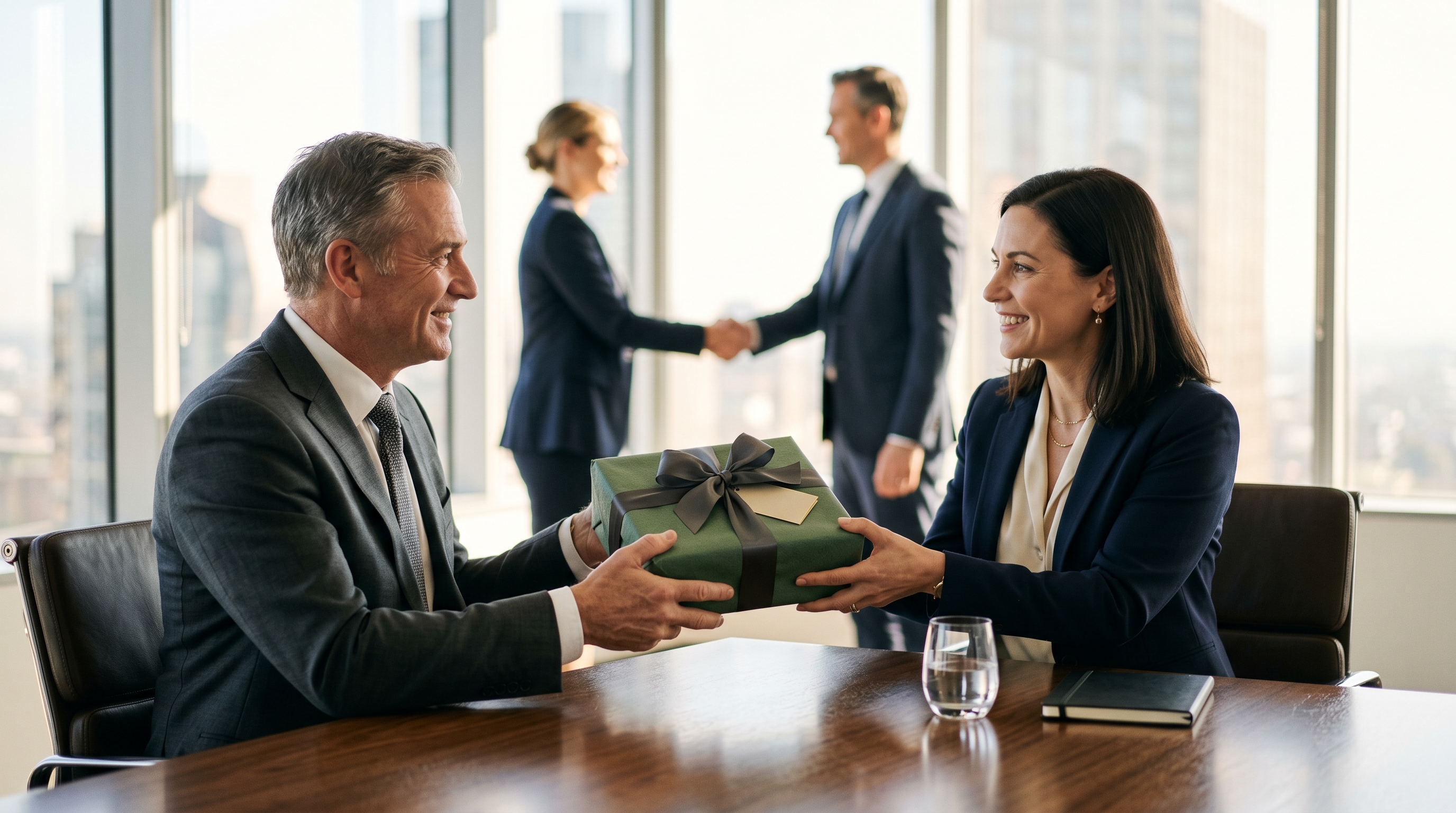 EOFY corporate client gift handed across a boardroom table in Australia