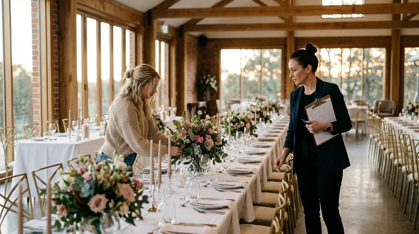 Event planner and stylist setting up an elegant reception before guests arrive