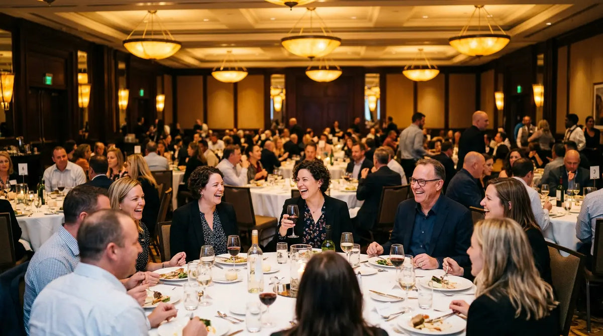 Franchisees at a network annual conference gala dinner in a hotel ballroom