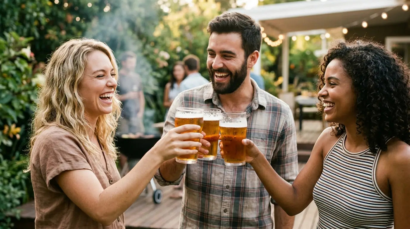 Friends toasting cold glasses of beer at a backyard barbecue, gifts for beer lovers