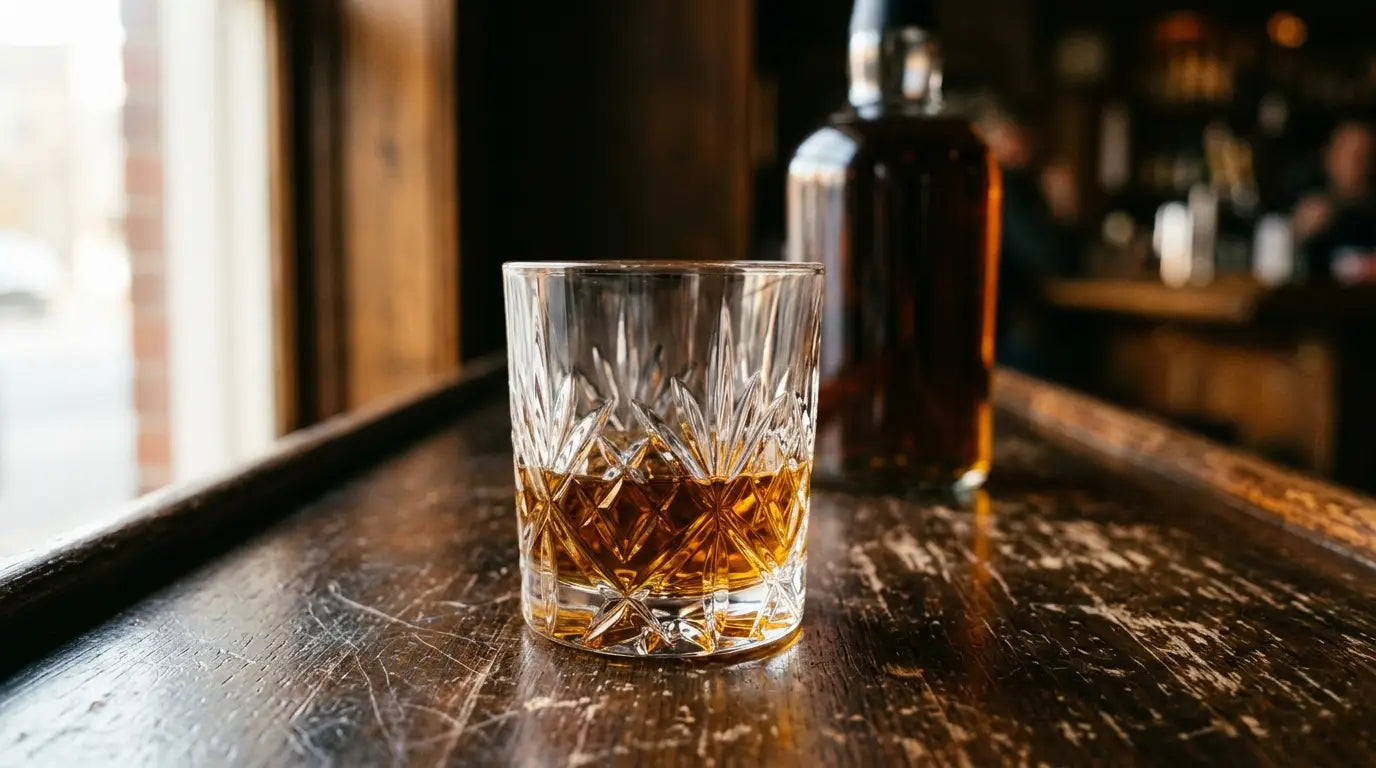 A neat pour of amber bourbon in a heavy rocks glass on a wooden bar — gifts for bourbon lovers