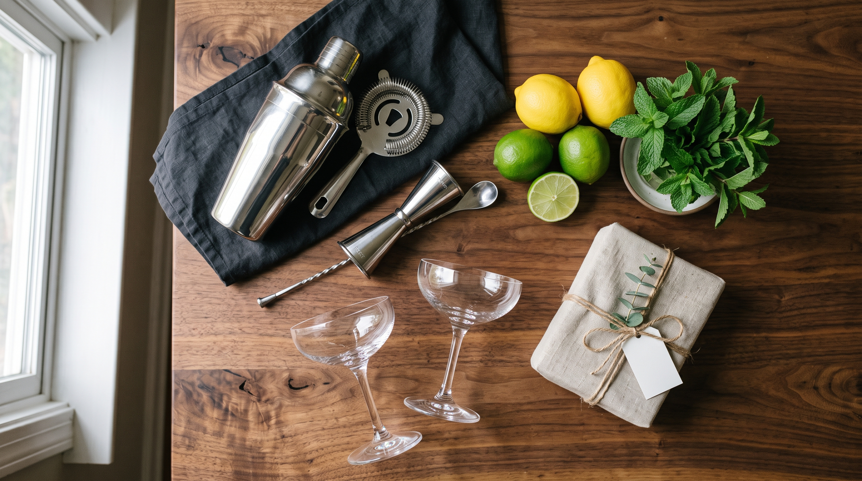 Gifts for cocktail lovers flat lay with shaker, jigger, coupe glasses and citrus