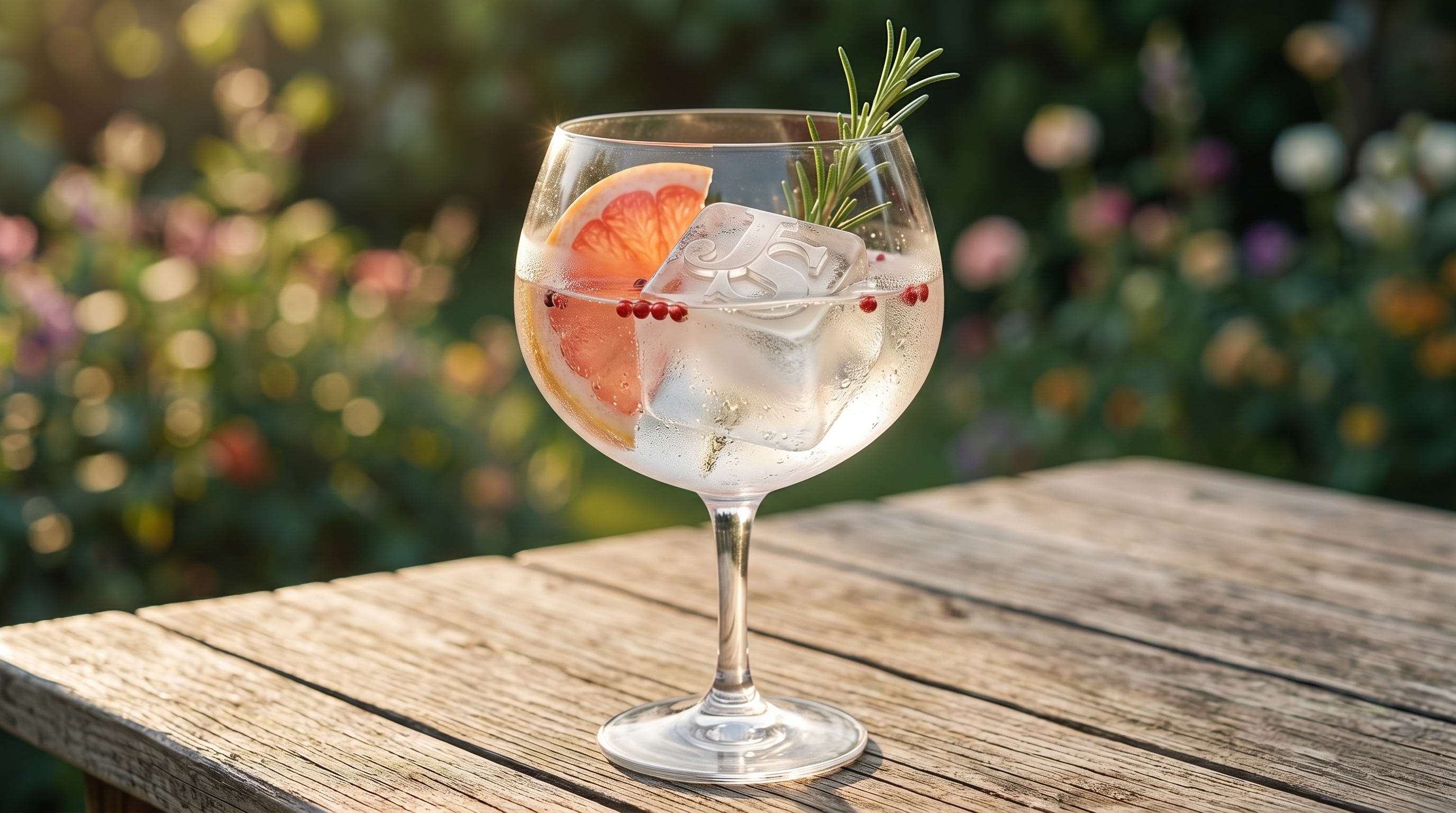Gifts for gin lovers: a gin and tonic in a copa de balon glass with a personalised monogram ice cube and fresh garnish