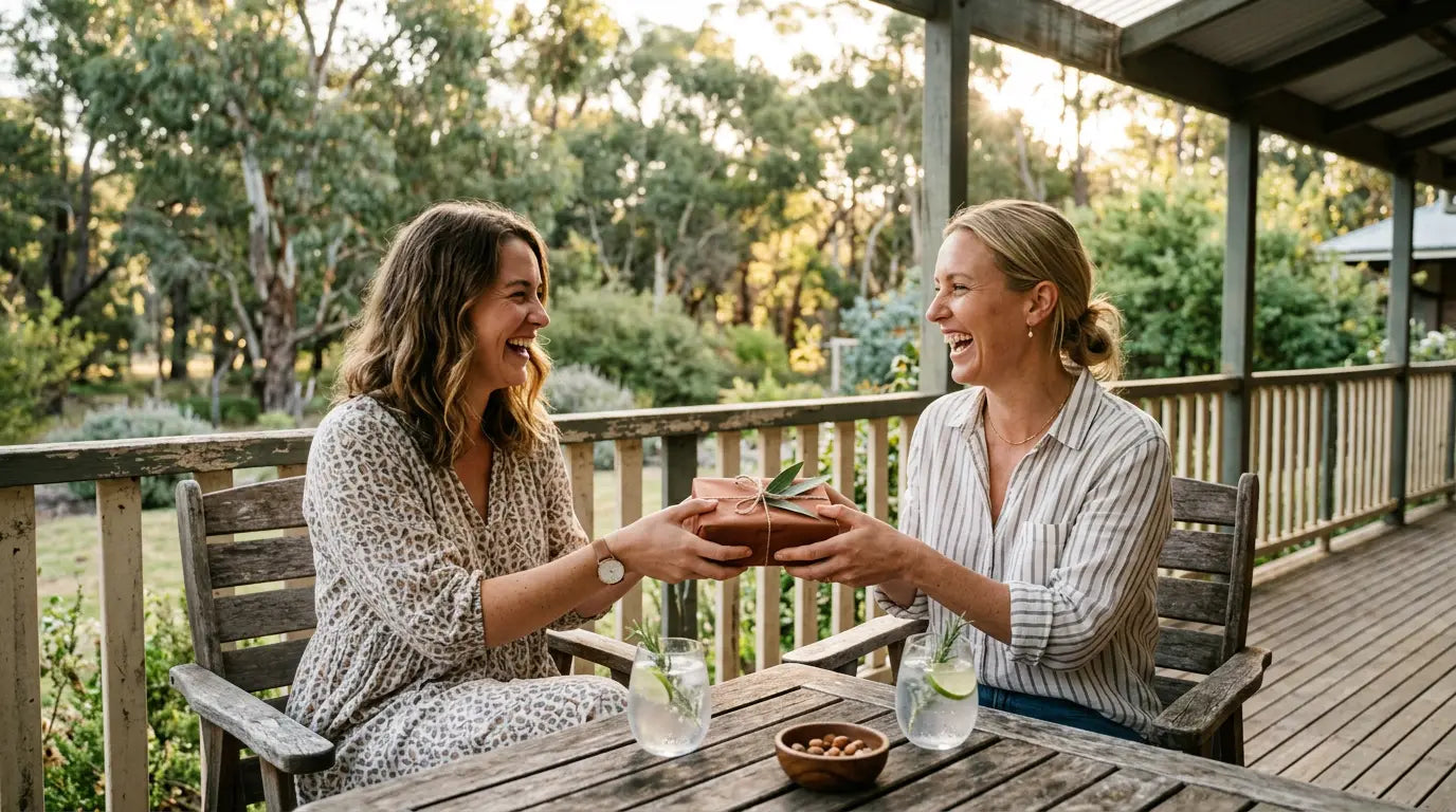 Gifts for sister Australia: two sisters laughing on a verandah as one hands the other a wrapped gift