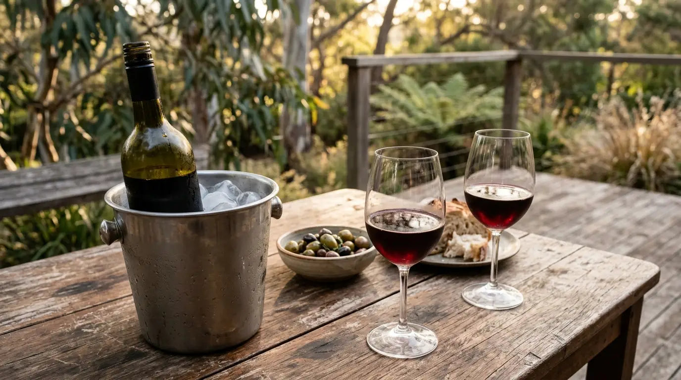 Gifts for wine lovers Australia: chilled red wine and a bottle in an ice bucket on a shaded summer deck