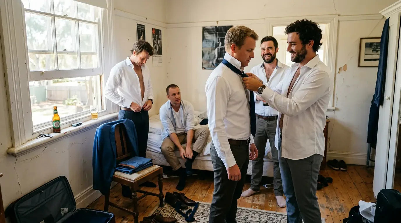 Groomsmen gifts Australia - groomsmen getting ready on a wedding morning in an Australian home