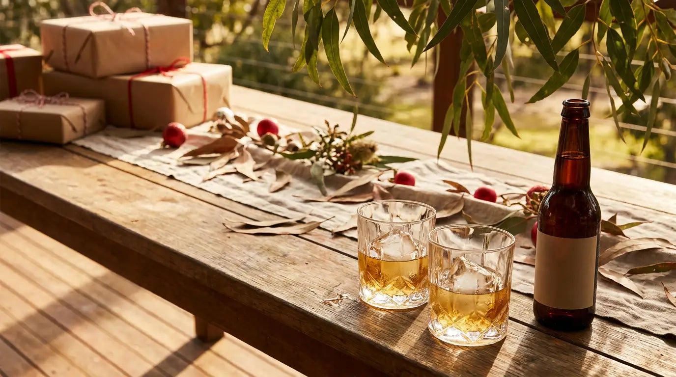 Australian Christmas afternoon on a deck with whisky over large clear ice and wrapped Christmas gifts for him