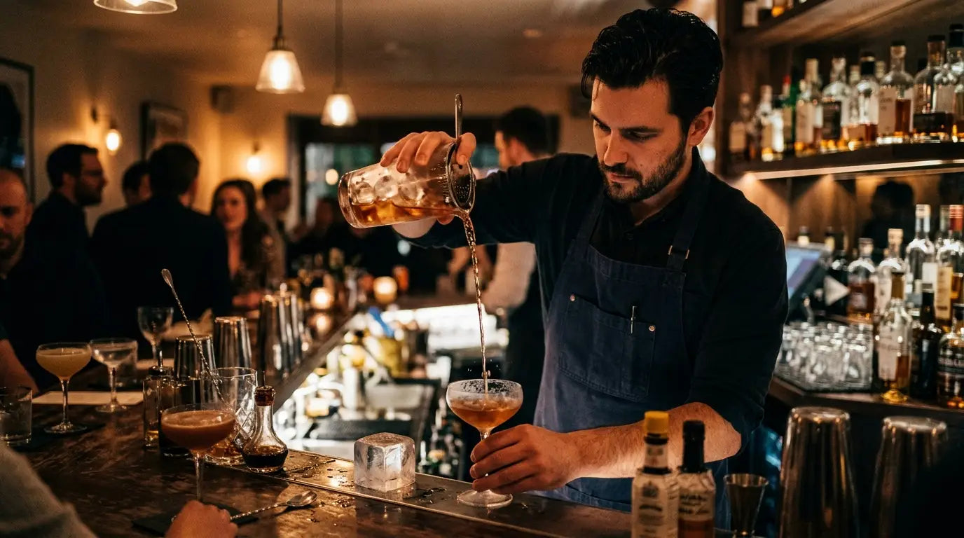 Bartender making a cocktail during evening service at an instagrammable cocktail bar