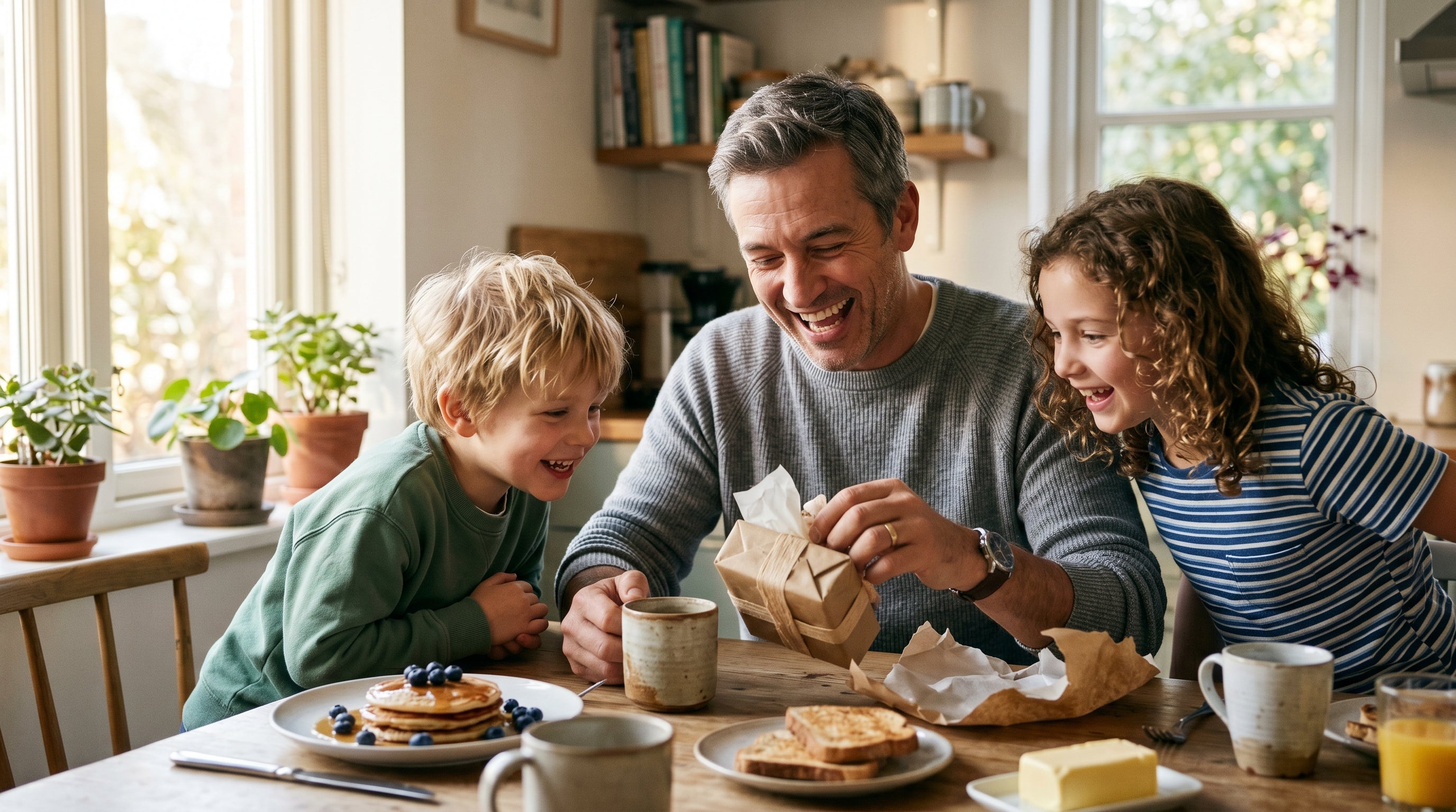 Dad unwrapping a last-minute Father's Day gift at the breakfast table with his kids