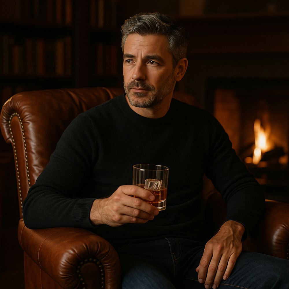 Sophisticated man in his 40s relaxing in a leather chair by the fire, holding a whiskey glass