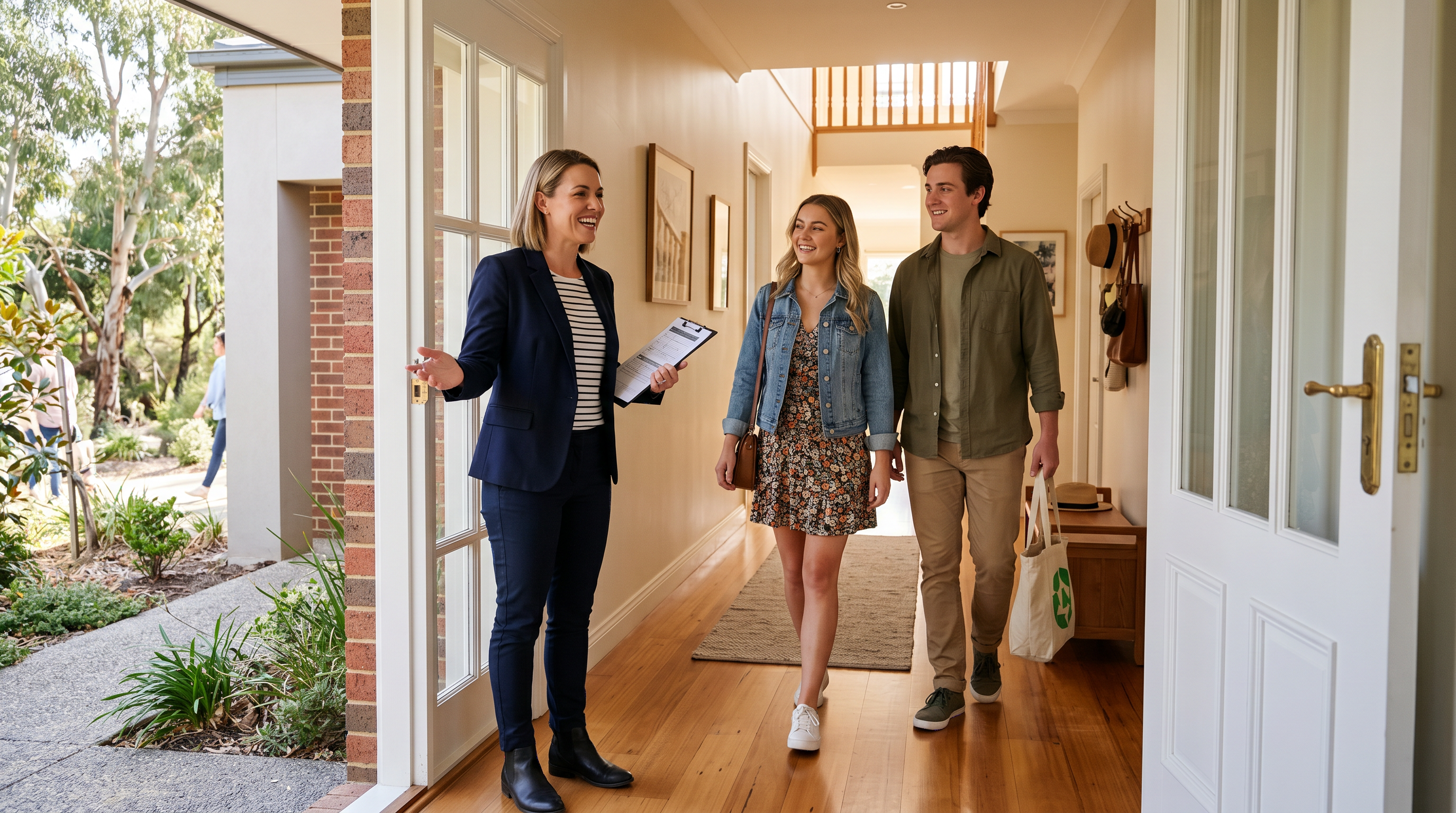 Real estate agent welcoming buyers at a memorable open home inspection