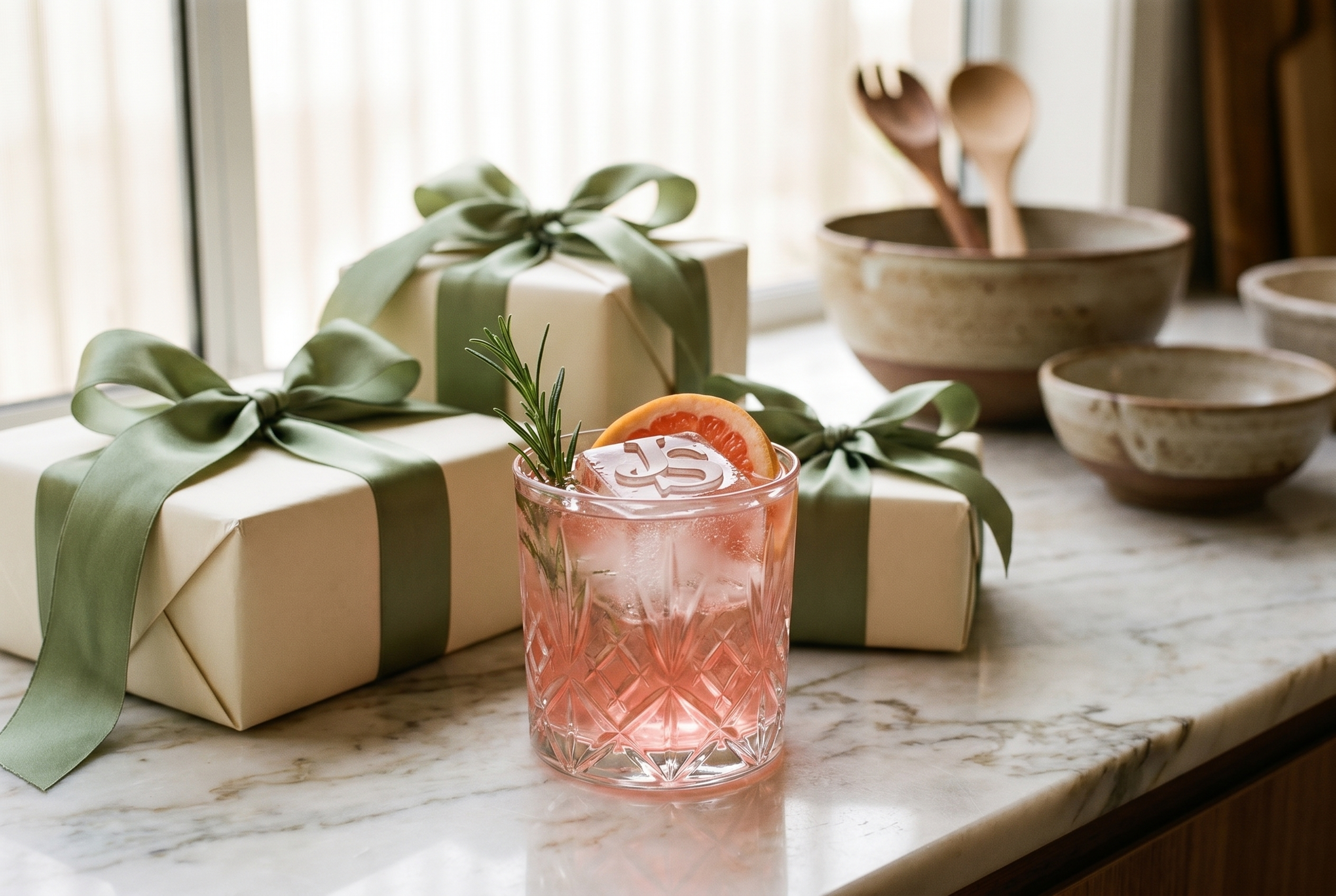 Personalised gifts for her — wrapped presents beside a spritz with a monogram ice cube