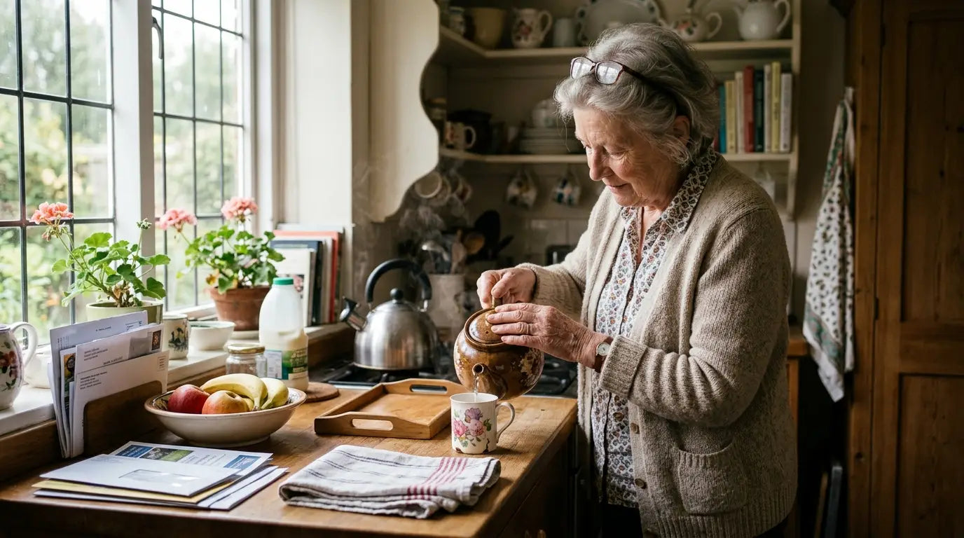 Grandmother making tea in her sunlit kitchen, the test for personalised gifts for grandma is whether she'd use it here
