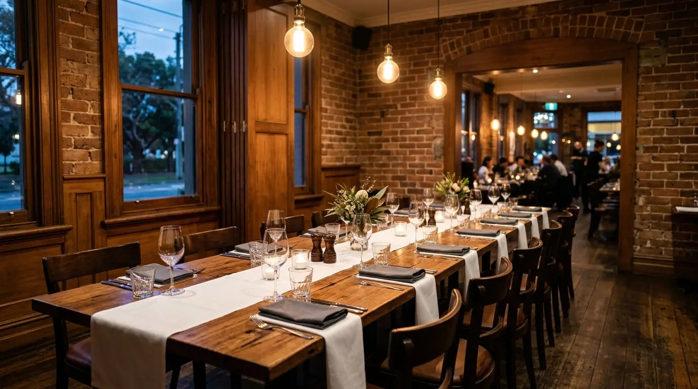 Empty private dining room set for fourteen in an Australian restaurant on a quiet weeknight