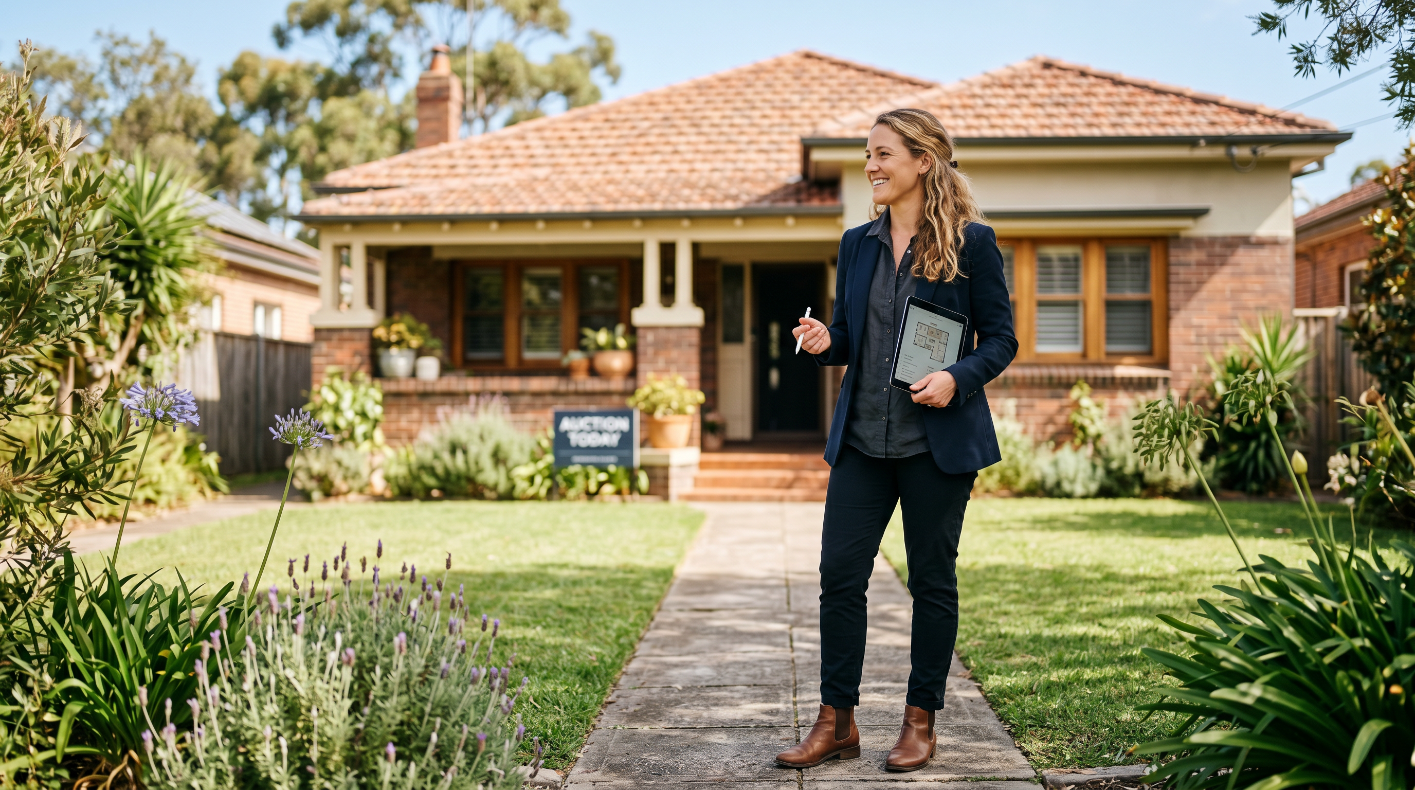 Real estate agent outside a styled Australian home with strong consistent branding